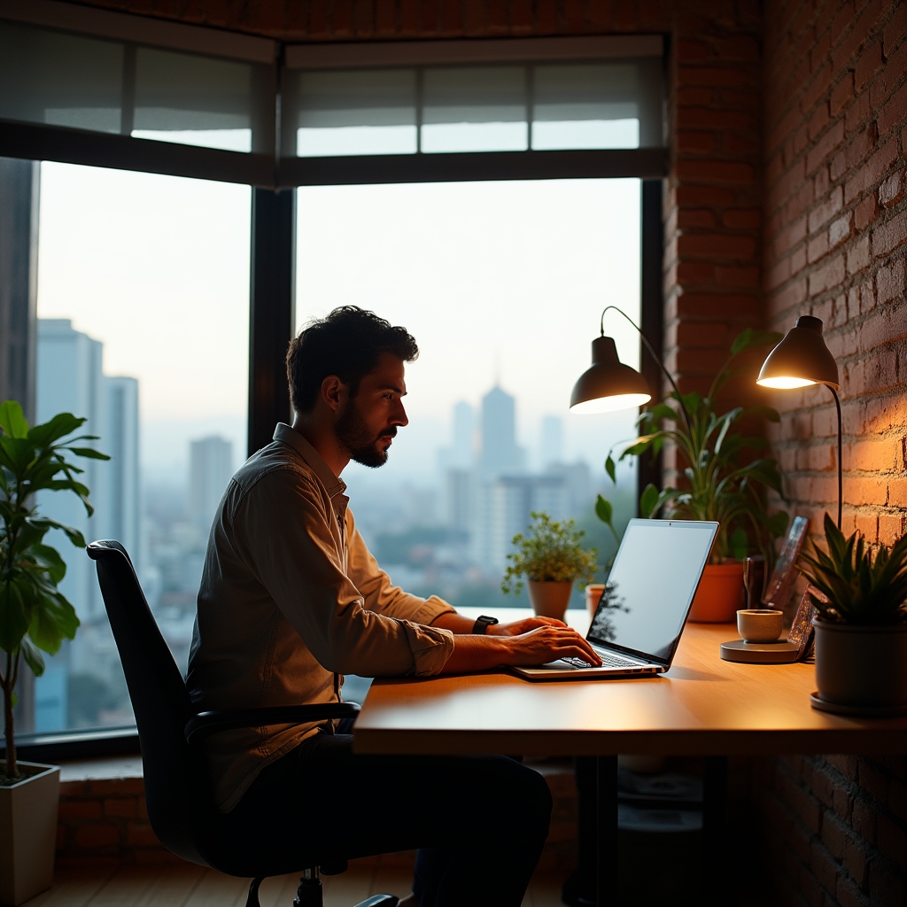 Freelancer pracujący z domu przy dużym oknie z widokiem na miasto